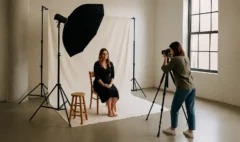 estudio fotográfico profesional con luz natural durante una sesión de retrato