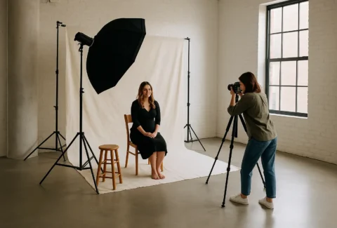 estudio fotográfico profesional con luz natural durante una sesión de retrato