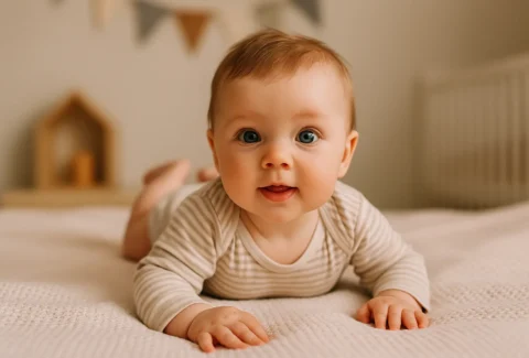 bebé de seis meses mirando a cámara sobre una manta en su habitación