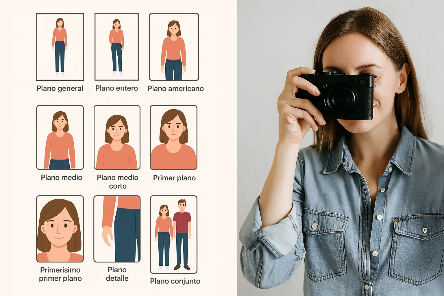 infografía profesional en español con los tipos de plano en fotografía: general, americano, medio, primer plano y detalle