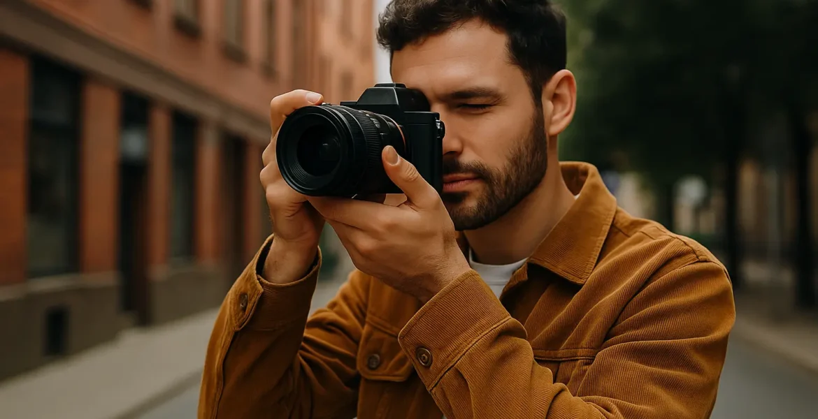 fotógrafo joven tomando una foto en plano medio en una calle urbana
