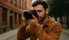 fotógrafo joven tomando una foto en plano medio en una calle urbana