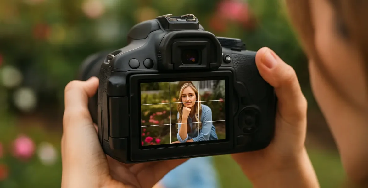 Fotógrafo aplicando la regla de los tercios al retratar a una mujer en un jardín