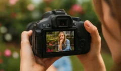 Fotógrafo aplicando la regla de los tercios al retratar a una mujer en un jardín