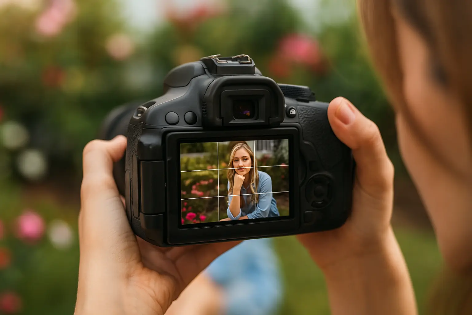 Fotógrafo aplicando la regla de los tercios al retratar a una mujer en un jardín