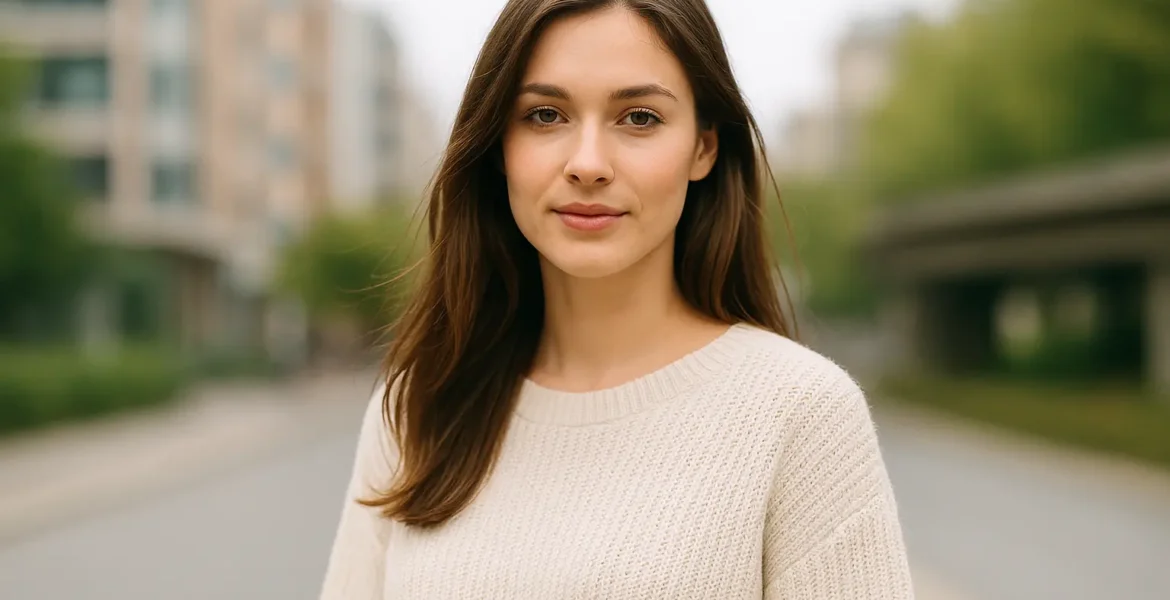 Mujer joven en un retrato exterior tomado con plano americano y luz natural
