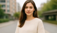 Mujer joven en un retrato exterior tomado con plano americano y luz natural