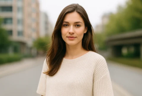 Mujer joven en un retrato exterior tomado con plano americano y luz natural