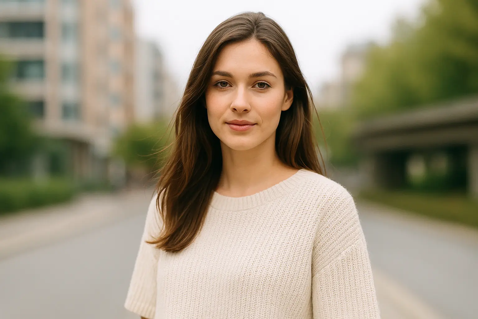 Mujer joven en un retrato exterior tomado con plano americano y luz natural