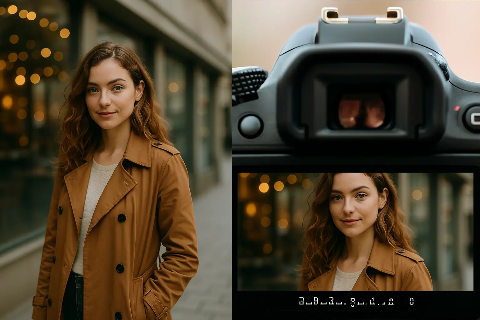 Plano subjetivo a través del visor de una cámara digital con retrato femenino desenfocado de fondo