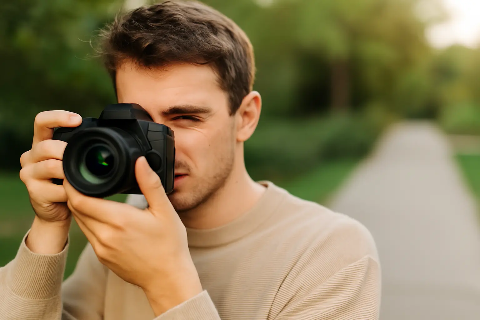 Joven fotógrafo ajustando su cámara para lograr un efecto de profundidad de campo