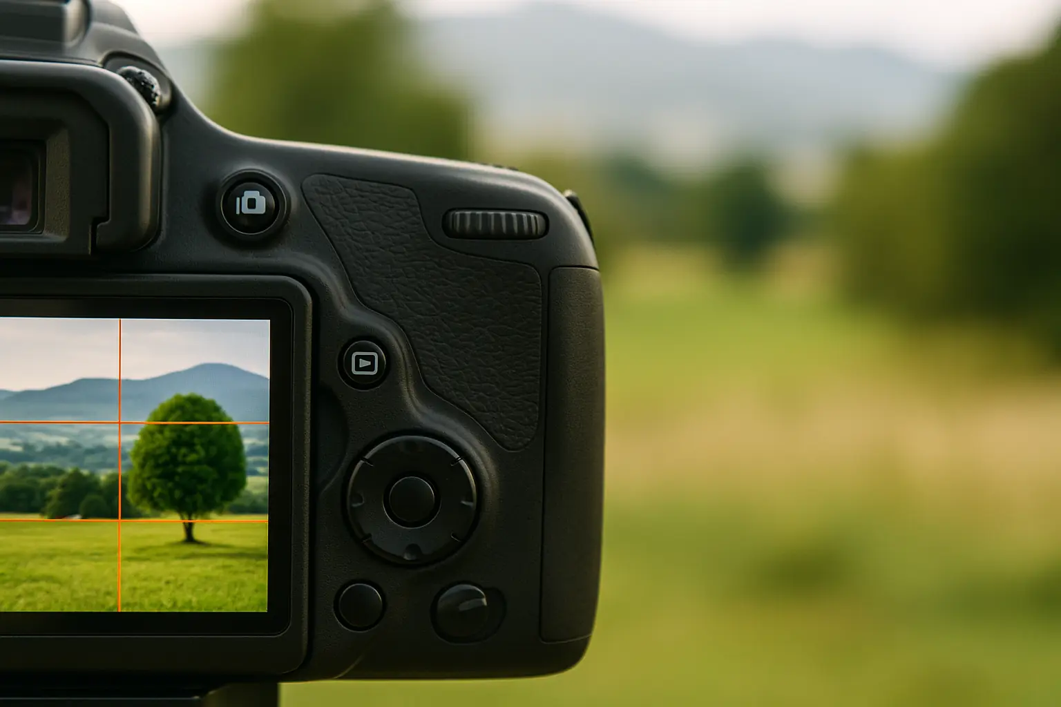 Pantalla de cámara DSLR mostrando un encuadre con regla de los tercios sobre un paisaje natural.