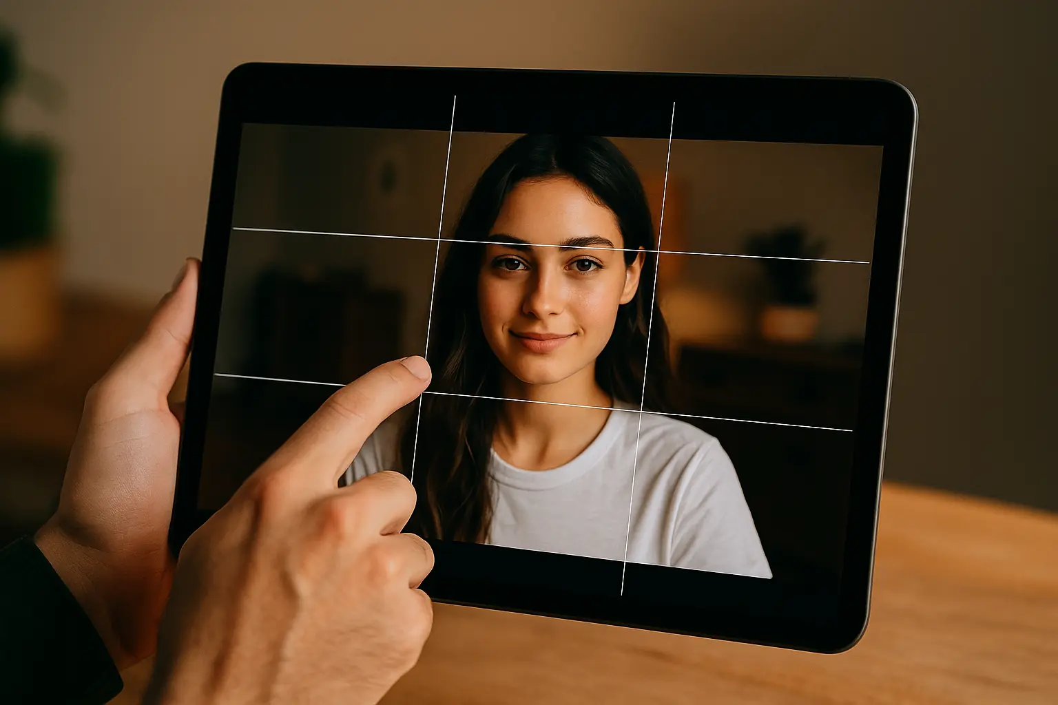 Persona aplicando la regla de los tercios en una tablet para encuadrar un retrato.