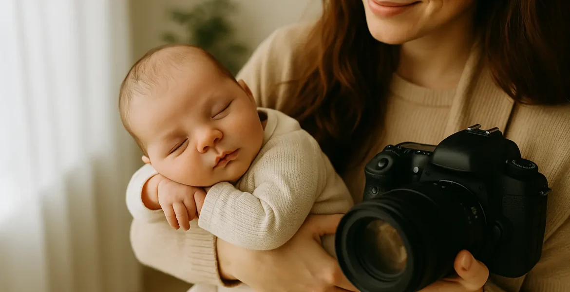 fotógrafa de bebés sosteniendo a un recién nacido dormido en un estudio con luz natural suave