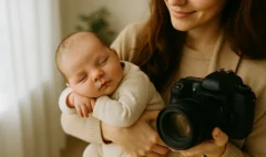 fotógrafa de bebés sosteniendo a un recién nacido dormido en un estudio con luz natural suave