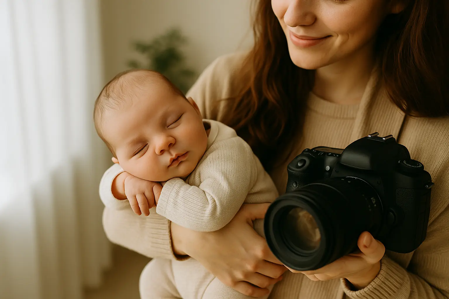 fotógrafa de bebés sosteniendo a un recién nacido dormido en un estudio con luz natural suave