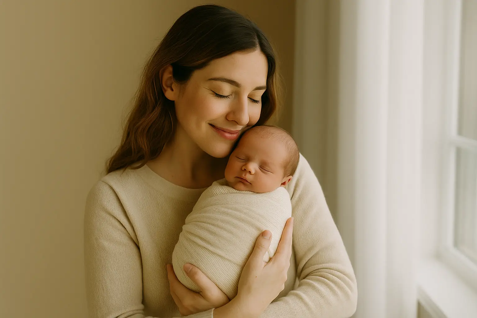 Madre sosteniendo a su recién nacido envuelto en una manta con luz natural suave